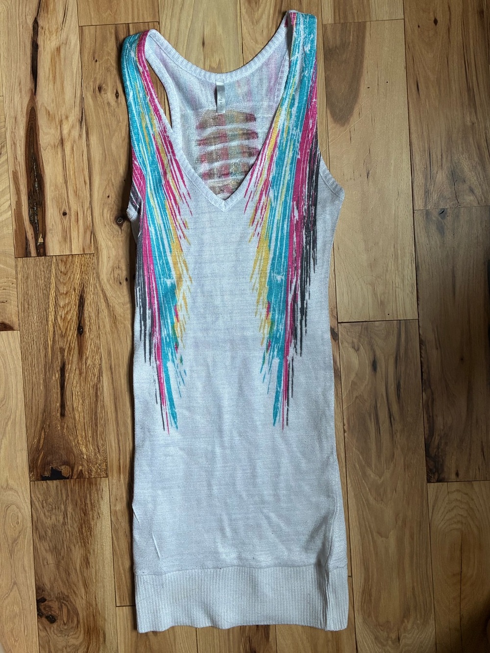 chic White Tank Top with Turquoise Pink Yellow and Gray Fringe